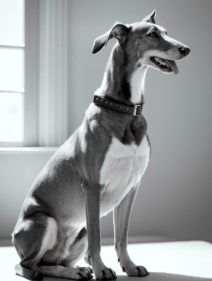 contento galgo perro negro y blanco monocromo foto en estudio Encendiendo