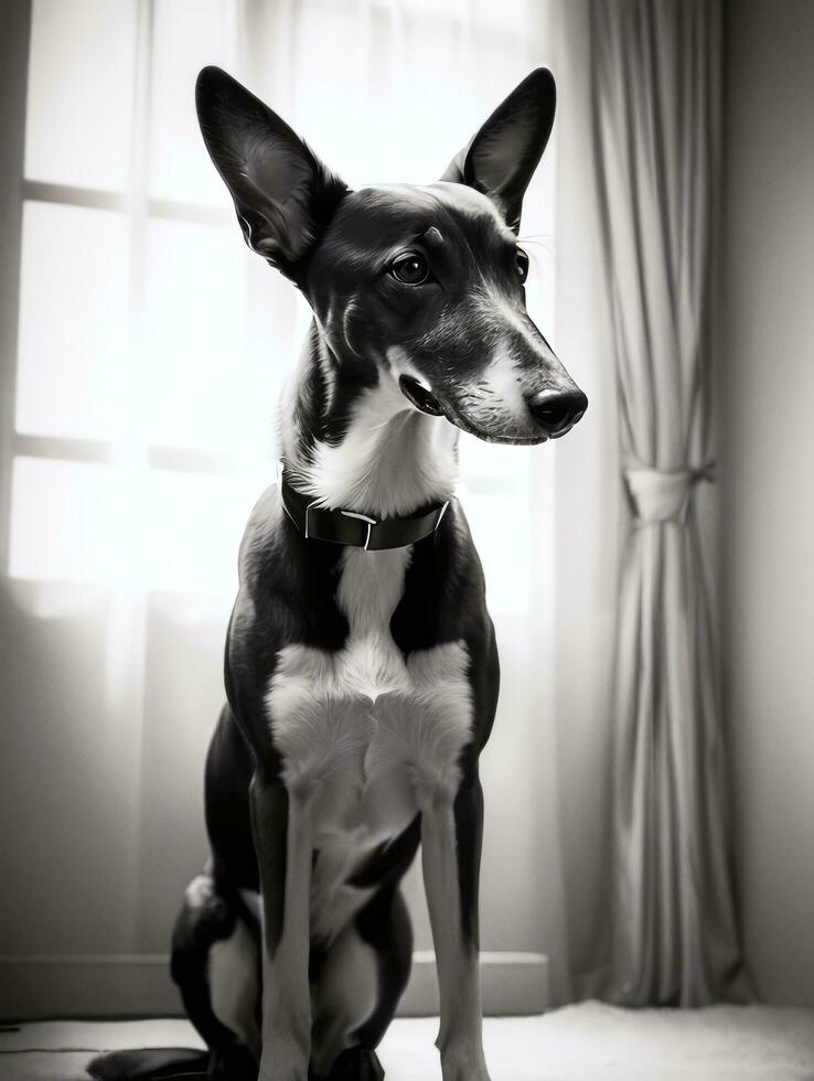 Happy Greyhound Dog Black and White Monochrome Photo in Studio Lighting