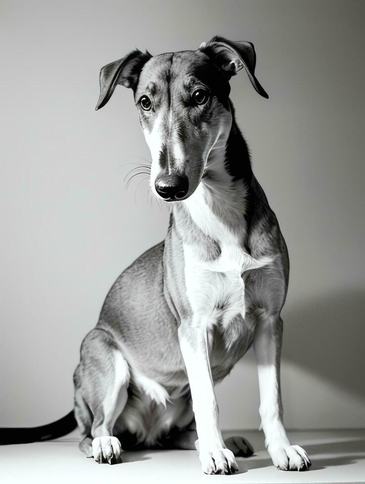 contento galgo perro negro y blanco monocromo foto en estudio Encendiendo