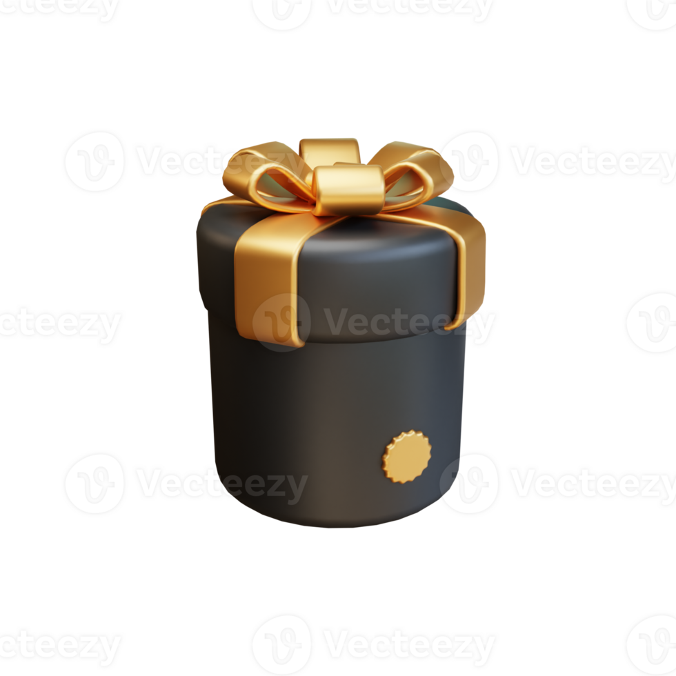 3d icono de un negro regalo caja con oro envase cinta. compras rebaja promoción. 3d representación icono comercio electrónico png