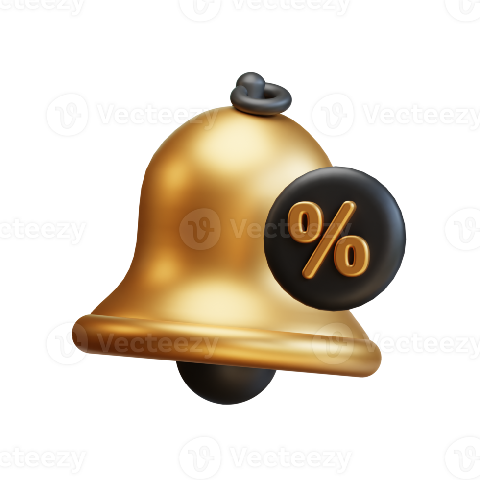 3D Bell reminder notification sale. discount percentage offer sign or symbol website. 3D Rendering icon e-commerce. png