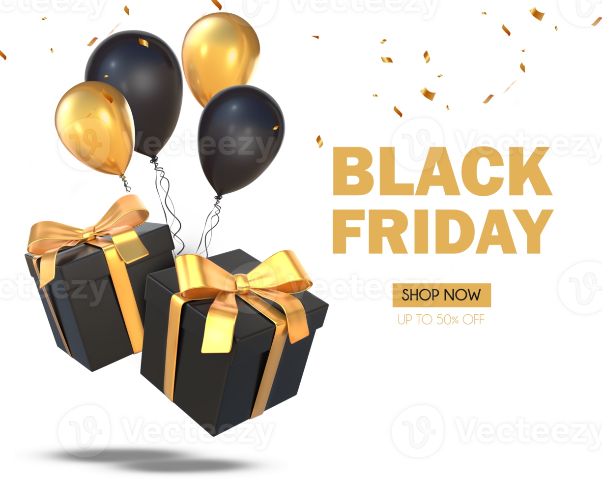 negro viernes rebaja con 3d representación negro y dorado regalos con globos png