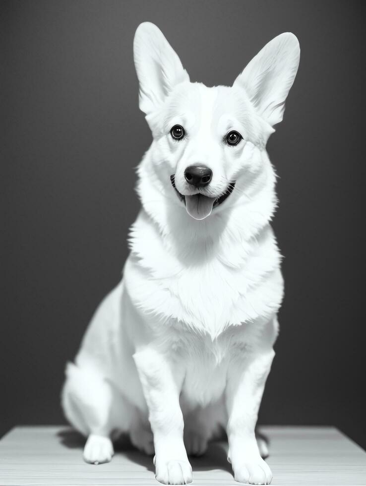 contento pembroke galés corgi perro negro y blanco monocromo foto en estudio Encendiendo