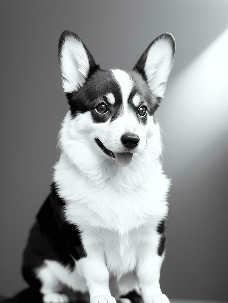 Happy Pembroke Welsh Corgi Dog Black and White Monochrome Photo in Studio Lighting