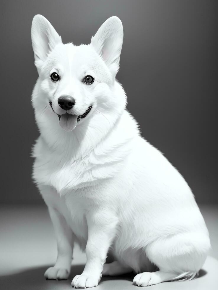 Happy Pembroke Welsh Corgi Dog Black and White Monochrome Photo in Studio Lighting