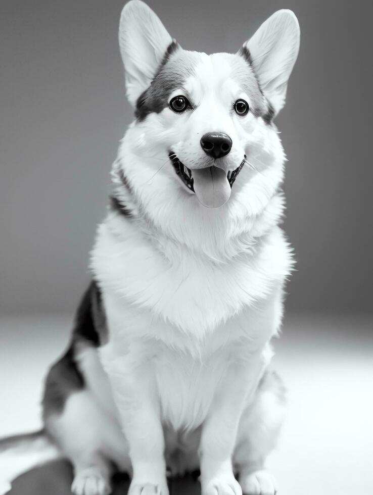 Happy Pembroke Welsh Corgi Dog Black and White Monochrome Photo in Studio Lighting