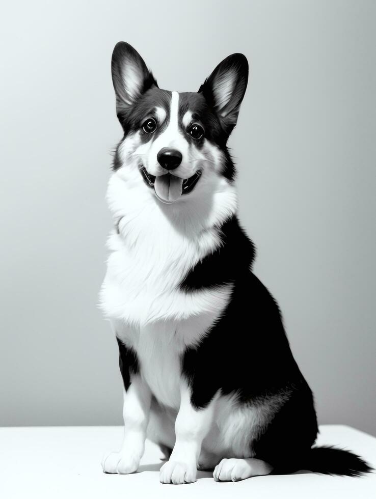 Happy Pembroke Welsh Corgi Dog Black and White Monochrome Photo in Studio Lighting