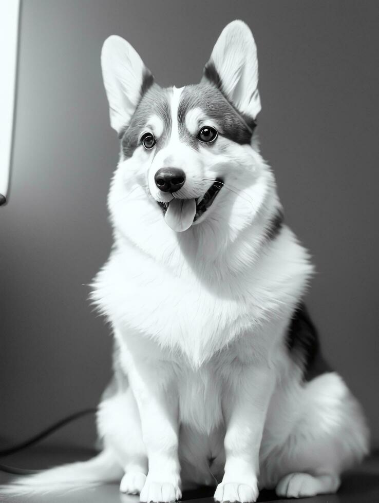 Happy Pembroke Welsh Corgi Dog Black and White Monochrome Photo in Studio Lighting