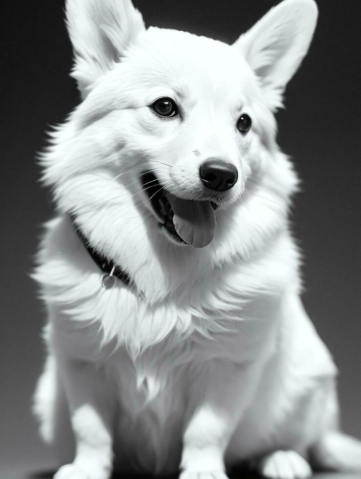 Happy Pembroke Welsh Corgi Dog Black and White Monochrome Photo in Studio Lighting