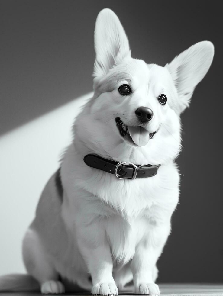 Happy Pembroke Welsh Corgi Dog Black and White Monochrome Photo in Studio Lighting