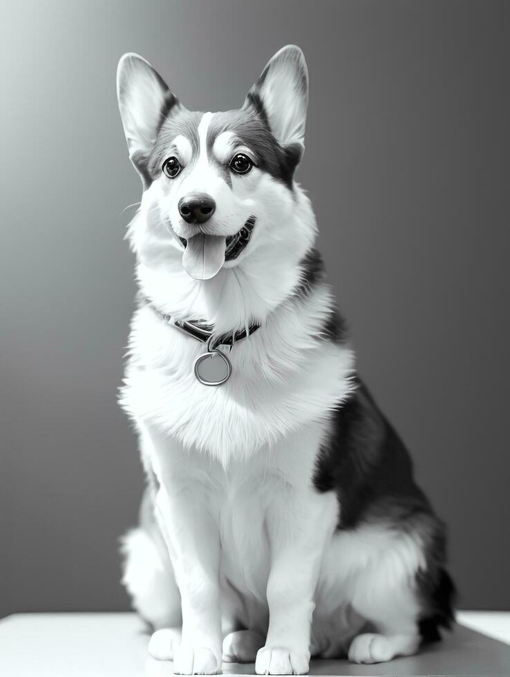 Happy Pembroke Welsh Corgi Dog Black and White Monochrome Photo in Studio Lighting