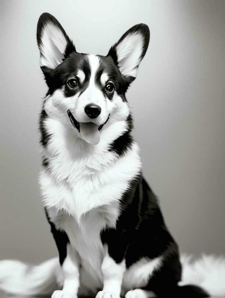 Happy Pembroke Welsh Corgi Dog Black and White Monochrome Photo in Studio Lighting