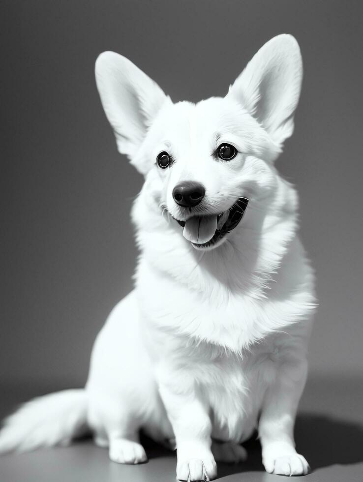 Happy Pembroke Welsh Corgi Dog Black and White Monochrome Photo in Studio Lighting