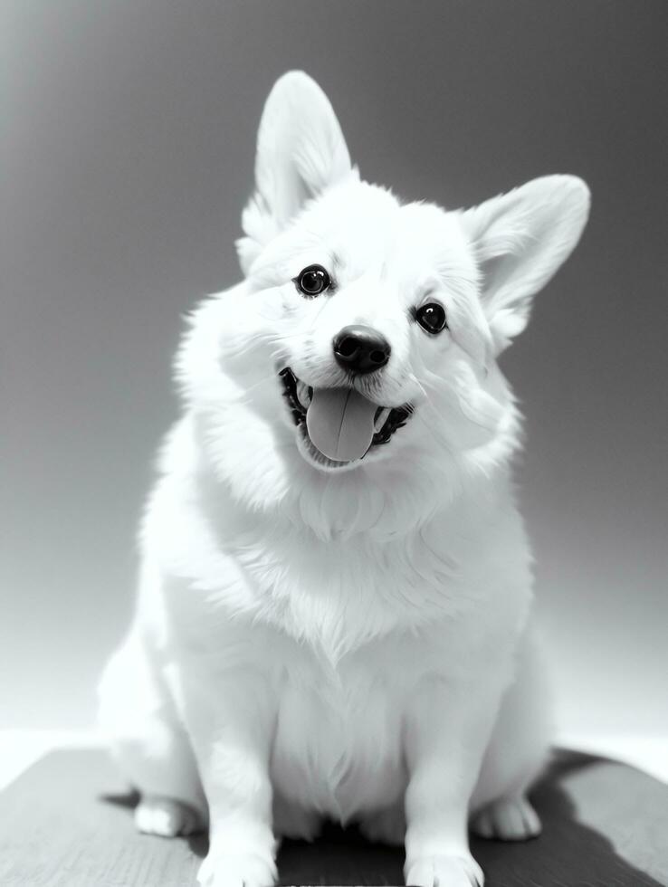 Happy Pembroke Welsh Corgi Dog Black and White Monochrome Photo in Studio Lighting