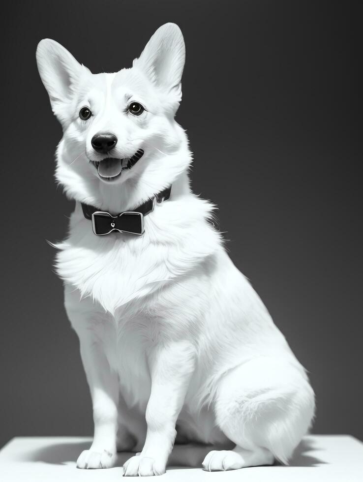 Happy Pembroke Welsh Corgi Dog Black and White Monochrome Photo in Studio Lighting