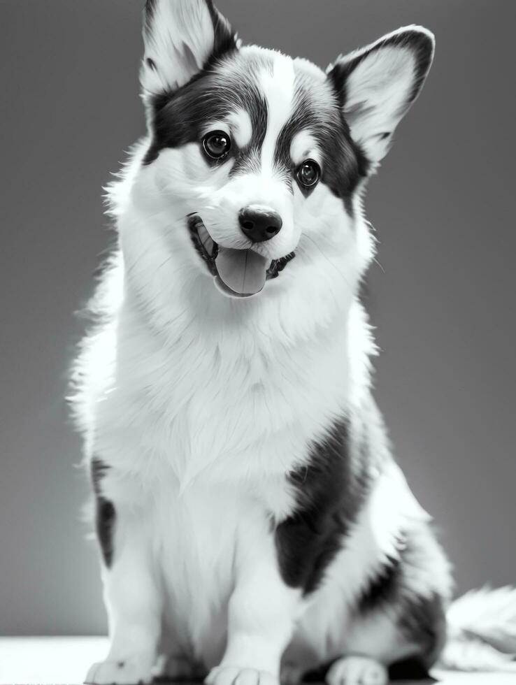 Happy Pembroke Welsh Corgi Dog Black and White Monochrome Photo in Studio Lighting