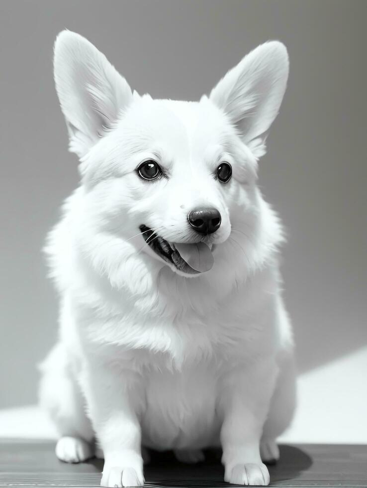 Happy Pembroke Welsh Corgi Dog Black and White Monochrome Photo in Studio Lighting
