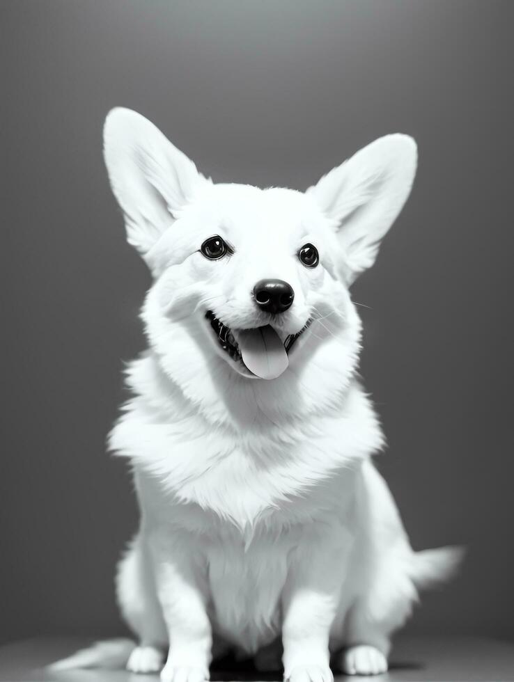 Happy Pembroke Welsh Corgi Dog Black and White Monochrome Photo in Studio Lighting