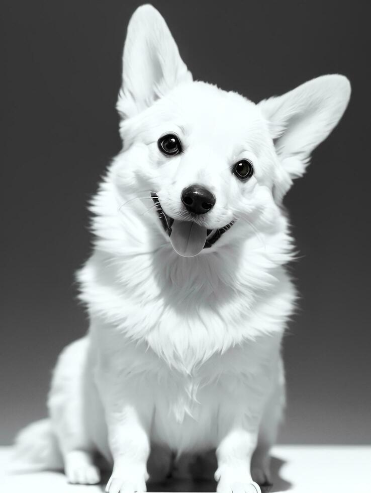 Happy Pembroke Welsh Corgi Dog Black and White Monochrome Photo in Studio Lighting