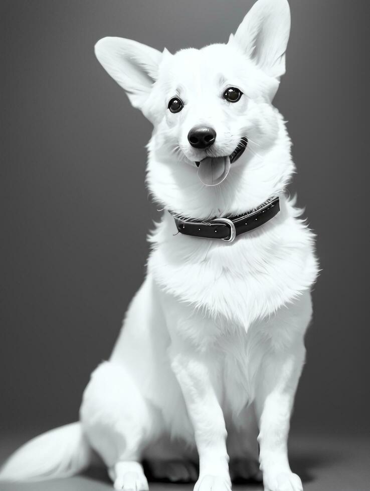 Happy Pembroke Welsh Corgi Dog Black and White Monochrome Photo in Studio Lighting