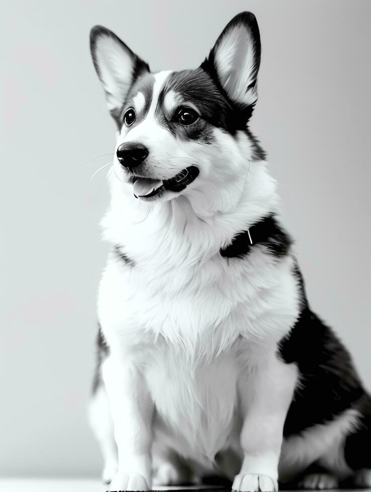 Happy Pembroke Welsh Corgi Dog Black and White Monochrome Photo in Studio Lighting