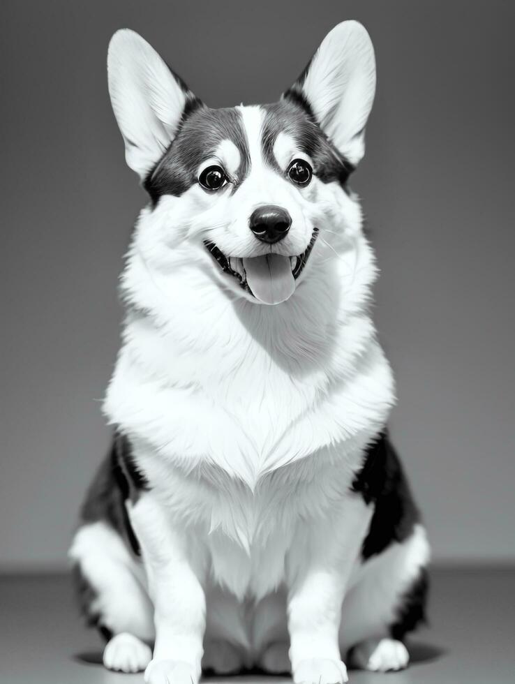 Happy Pembroke Welsh Corgi Dog Black and White Monochrome Photo in Studio Lighting
