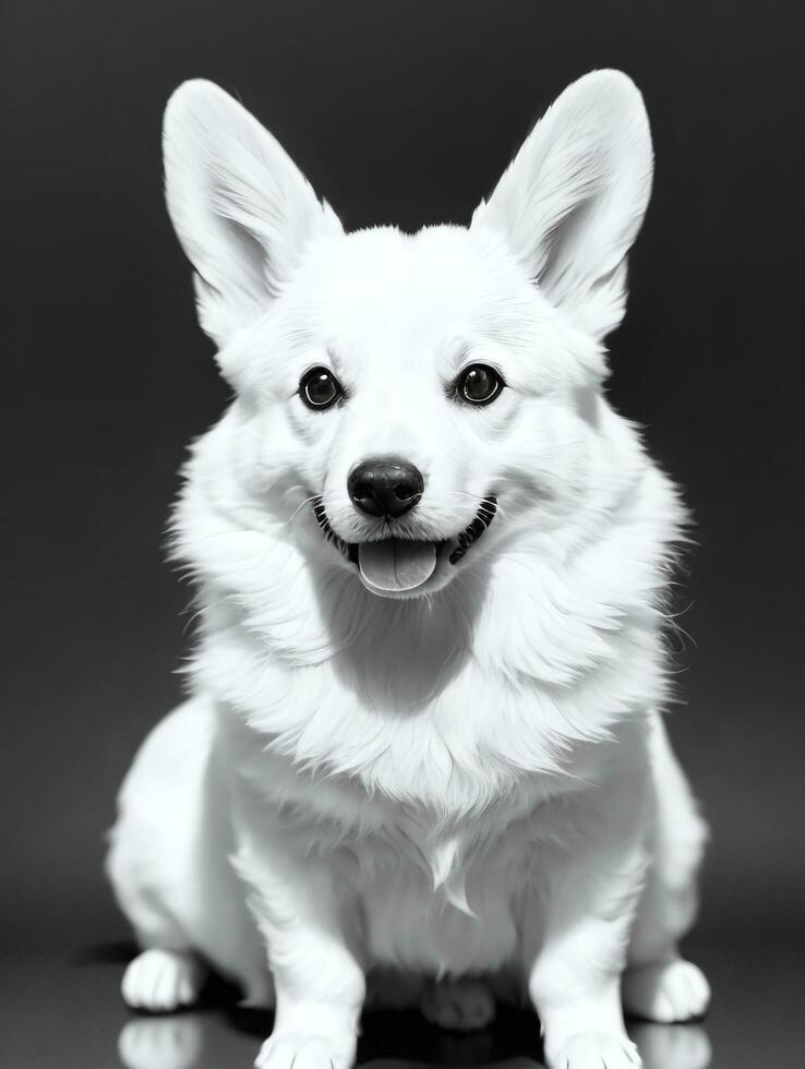 Happy Pembroke Welsh Corgi Dog Black and White Monochrome Photo in Studio Lighting