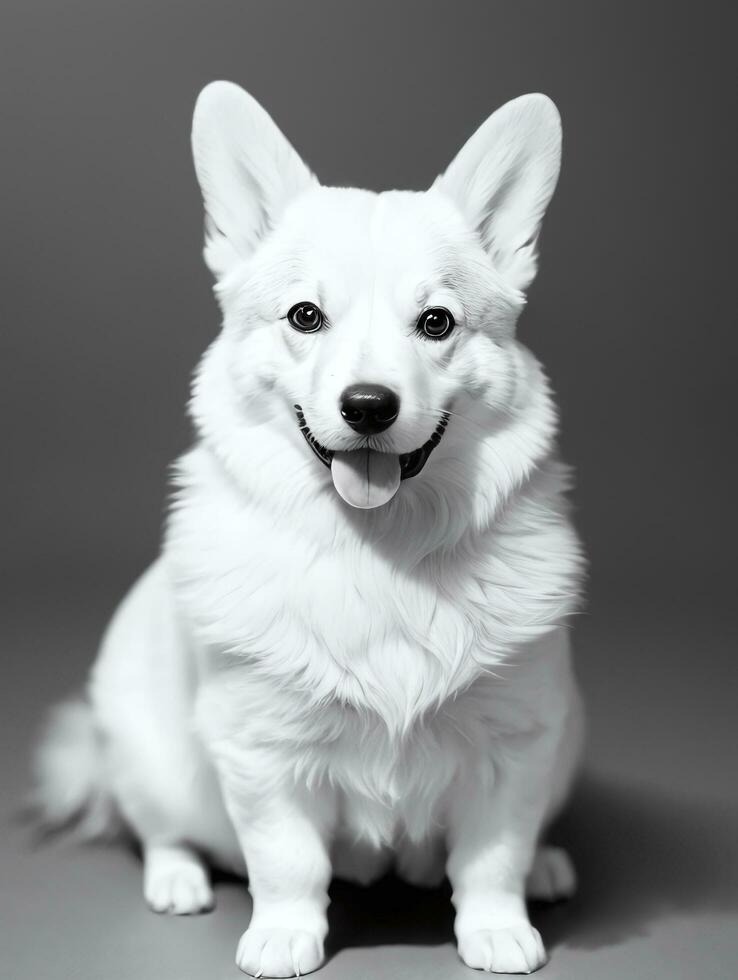 Happy Pembroke Welsh Corgi Dog Black and White Monochrome Photo in Studio Lighting