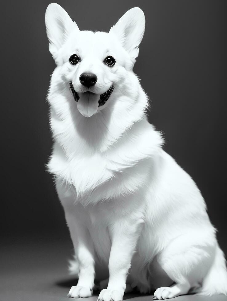 Happy Pembroke Welsh Corgi Dog Black and White Monochrome Photo in Studio Lighting