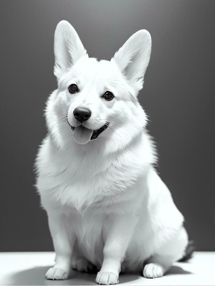 Happy Pembroke Welsh Corgi Dog Black and White Monochrome Photo in Studio Lighting