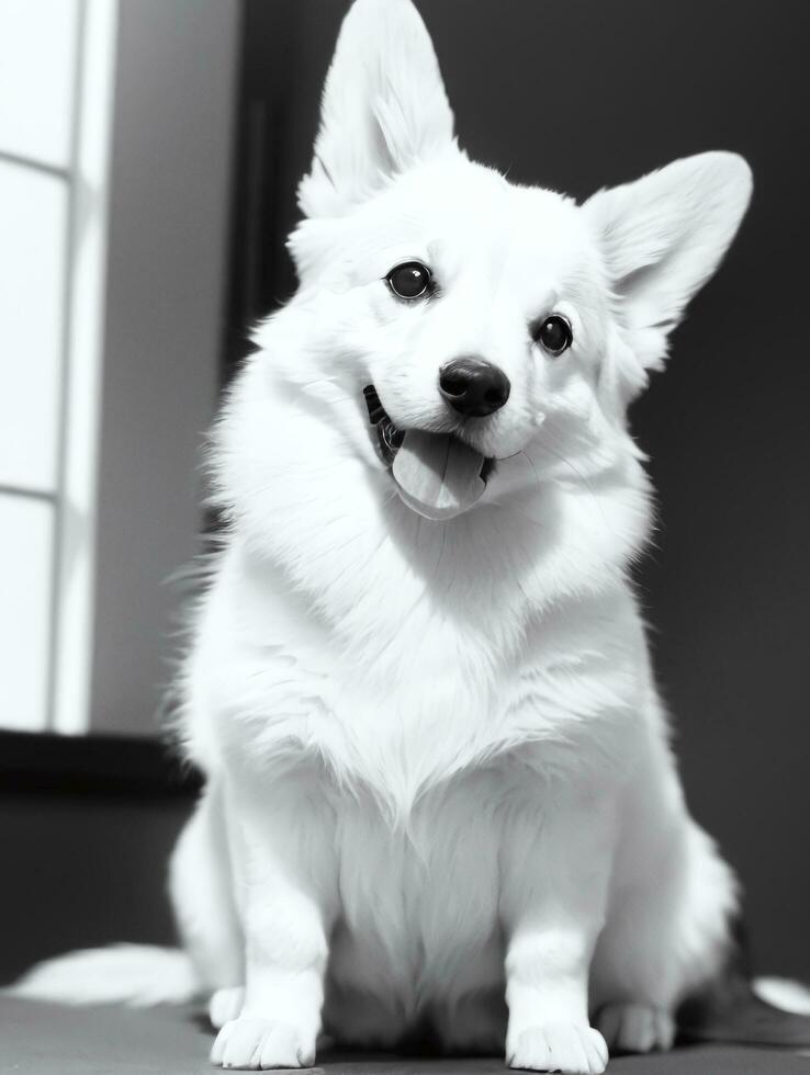 Happy Pembroke Welsh Corgi Dog Black and White Monochrome Photo in Studio Lighting