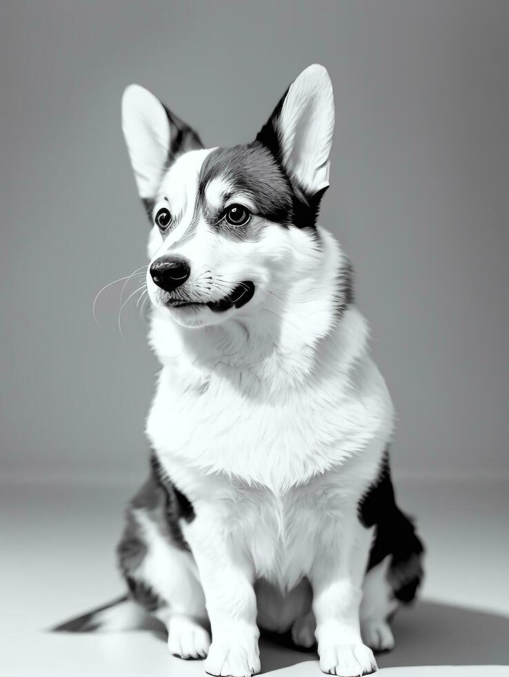 contento pembroke galés corgi perro negro y blanco monocromo foto en estudio Encendiendo