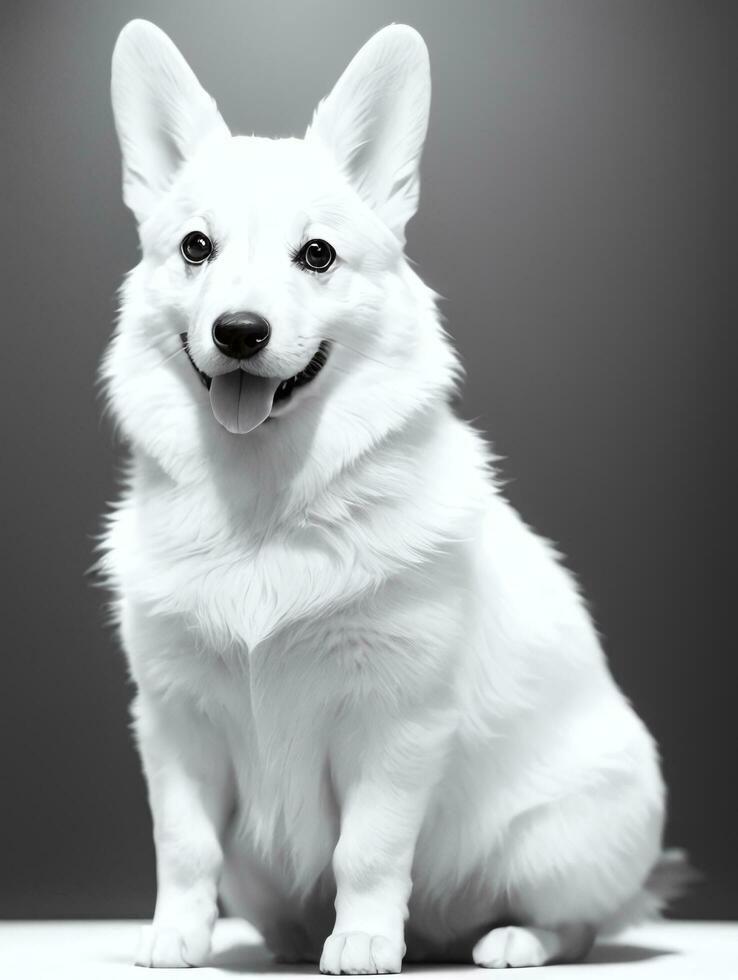 Happy Pembroke Welsh Corgi Dog Black and White Monochrome Photo in Studio Lighting