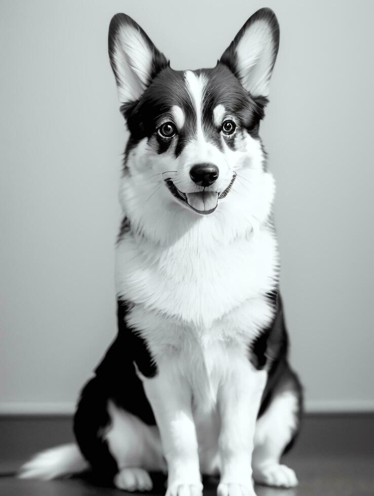 Happy Pembroke Welsh Corgi Dog Black and White Monochrome Photo in Studio Lighting