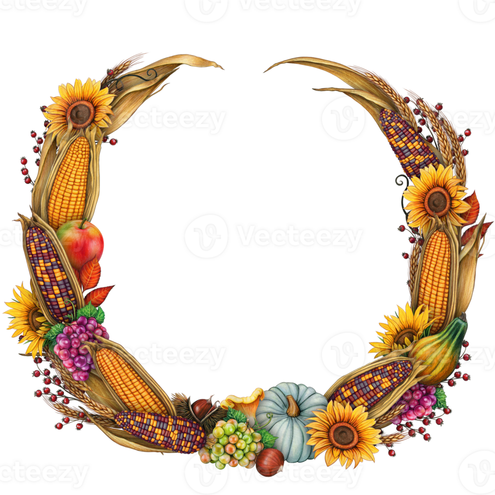 watercolor harvest time corn cobs and fall fruits wreath png