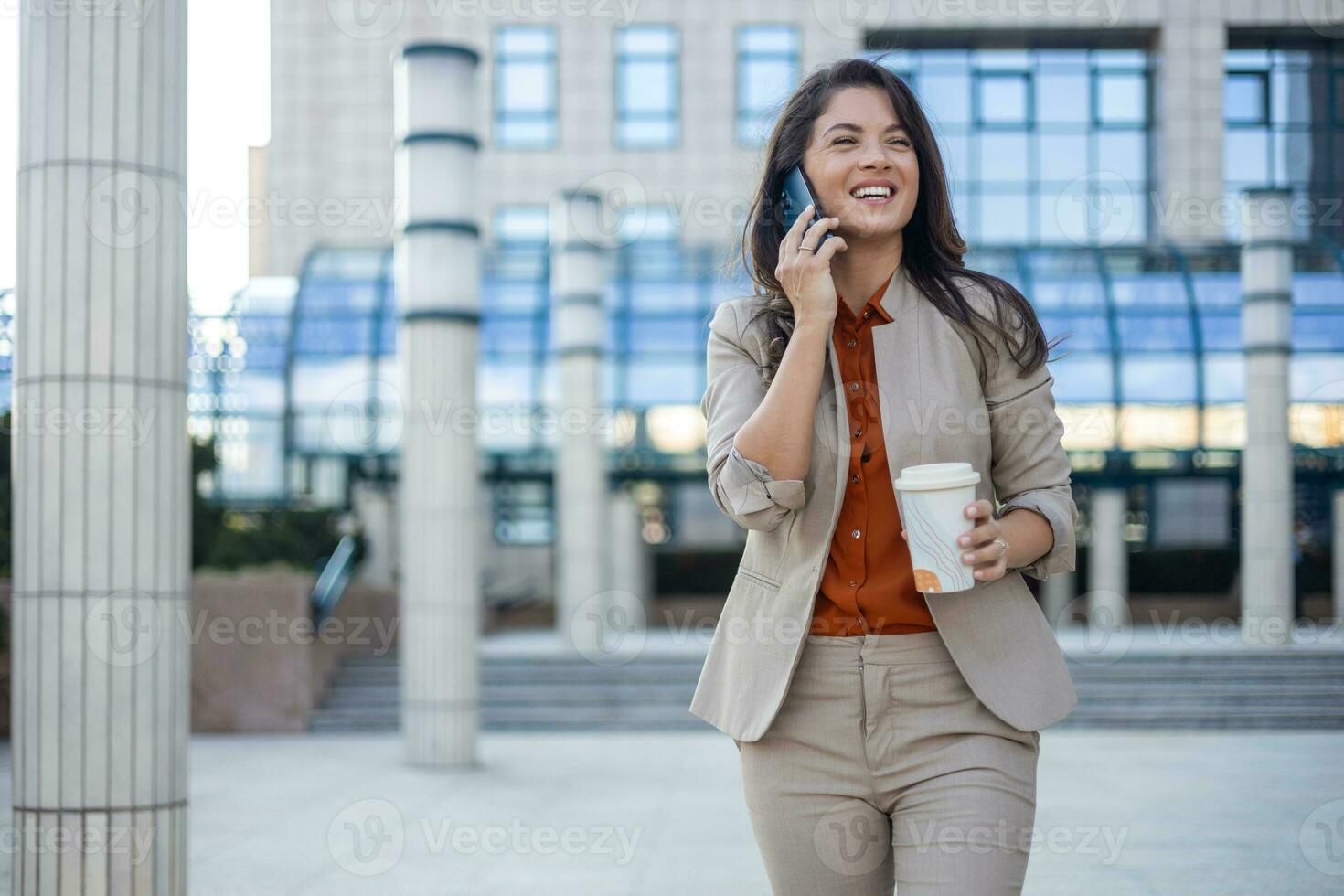 City, smartphone and business woman with coffee for outdoor productivity, 5g networking and email marketing communication. Travel, walking and busy corporate manager using phone or cellphone chat app photo