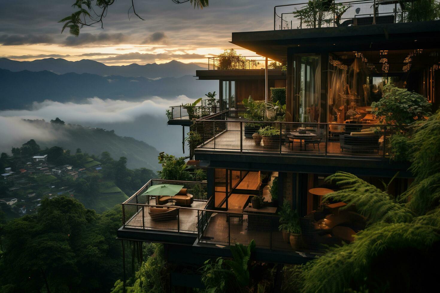Modern villa in the mountains with stunning sunset views. Sun rays and fog. Observation deck of a luxury hotel. Created by artificial intelligence photo
