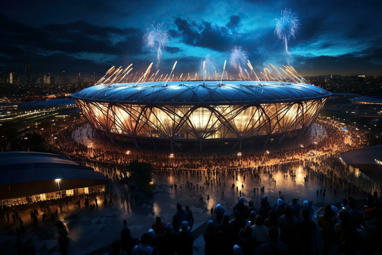 Large sports stadium. Dark sky with clouds over the stadium. Sports competition concept. Created by artificial intelligence photo