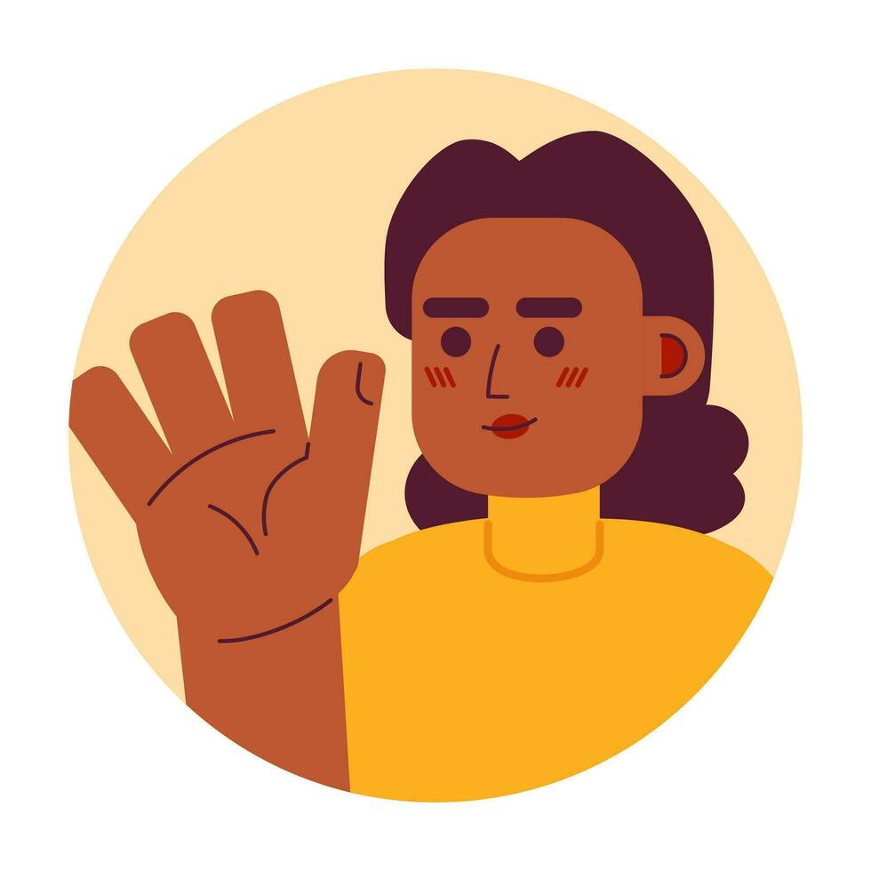 africano americano medio adulto mujer diciendo Hola Hola 2d vector avatar ilustración. adiós contento negro hembra dibujos animados personaje rostro. no verbal reconocer plano color usuario perfil imagen aislado en blanco