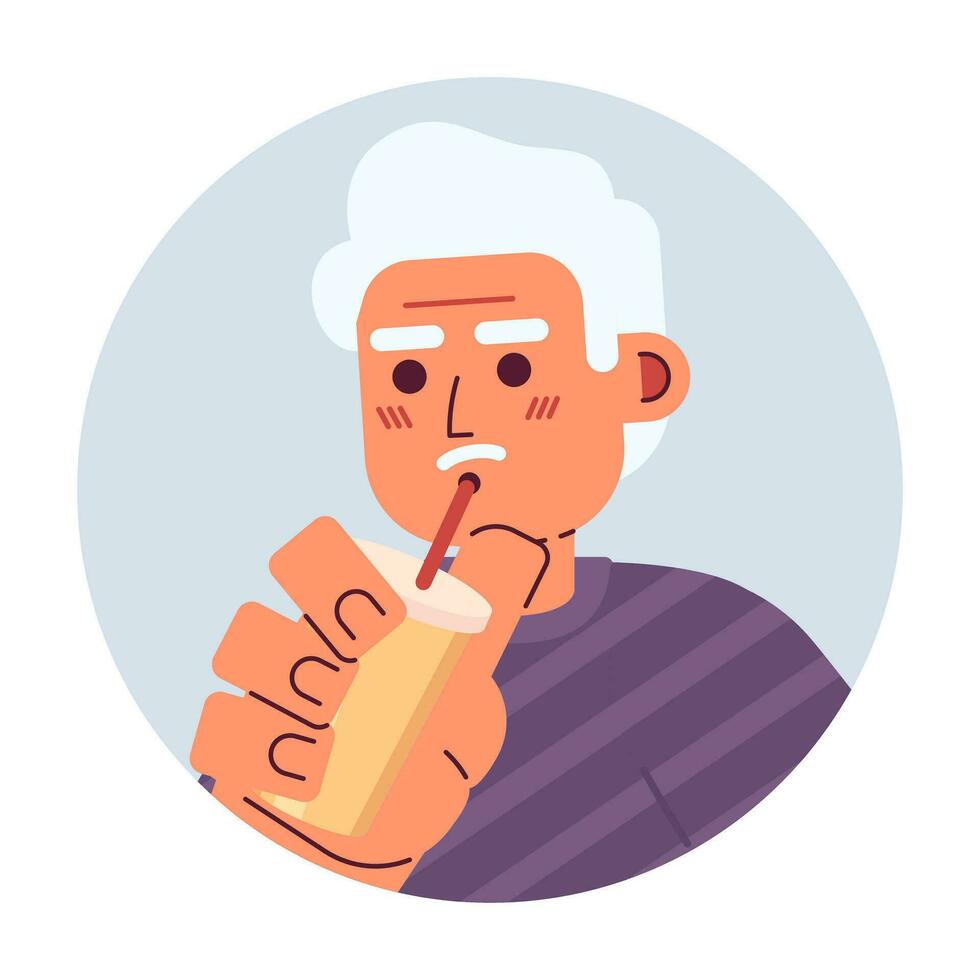 Gray haired old man drinking through straw 2D vector avatar illustration. Holds coffee takeaway asian senior cartoon character face. Japanese man chill flat color user profile image isolated on white