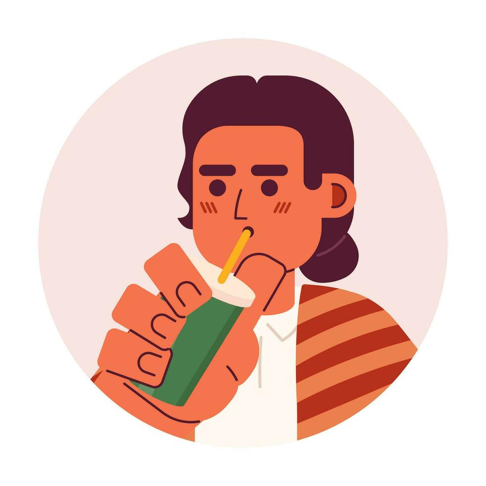 Serape mexican man drinking through straw 2D vector avatar illustration. Holding coffee takeaway latino male cartoon character face. Mexican identity flat color user profile image isolated on white