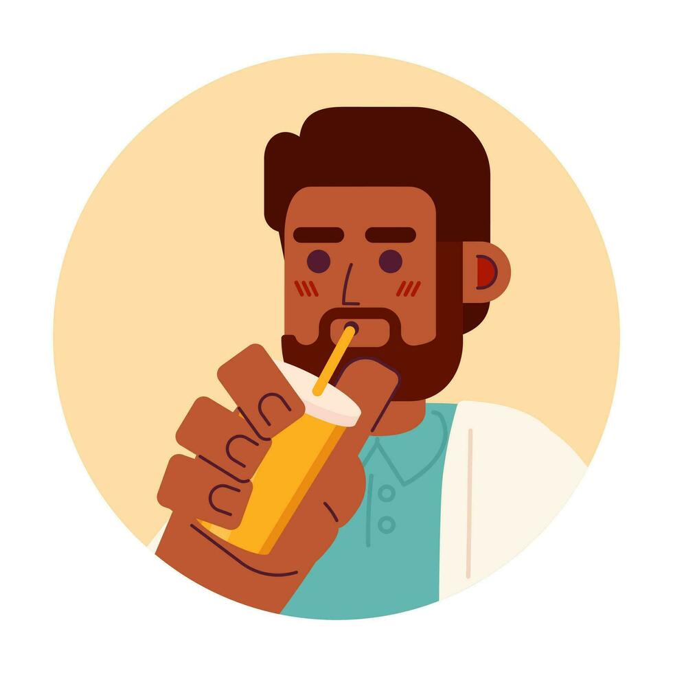 Bearded black guy drinking straw 2D vector avatar illustration. Holding coffee male with beard cartoon character face. Smoothie man african american flat color user profile image isolated on white