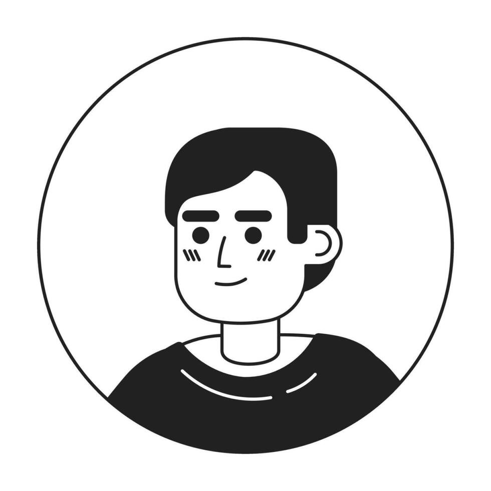 Humble smile latino guy relaxed staring black and white 2D vector avatar illustration. Posing hispanic male outline cartoon character face isolated. Headshot casual clothing flat user profile image
