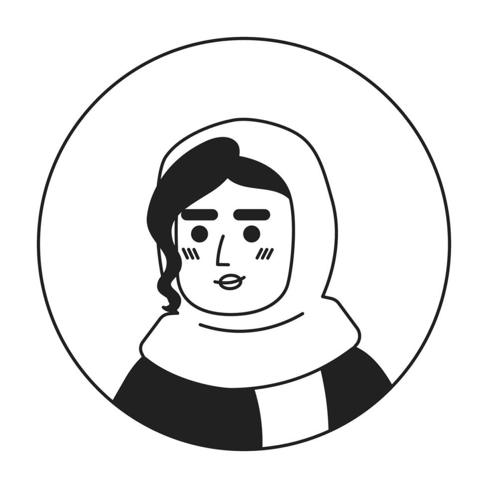 Muslim woman pretty smiling black and white 2D vector avatar illustration. Headshot casual scarf hijab young adult lady outline cartoon character face isolated. Relaxed pose flat user profile image