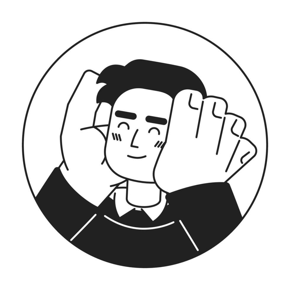 Middle eastern guy smiling hands on face black and white 2D vector avatar illustration. Cute expression arab modern outline cartoon character face isolated. Love yourself flat user profile image