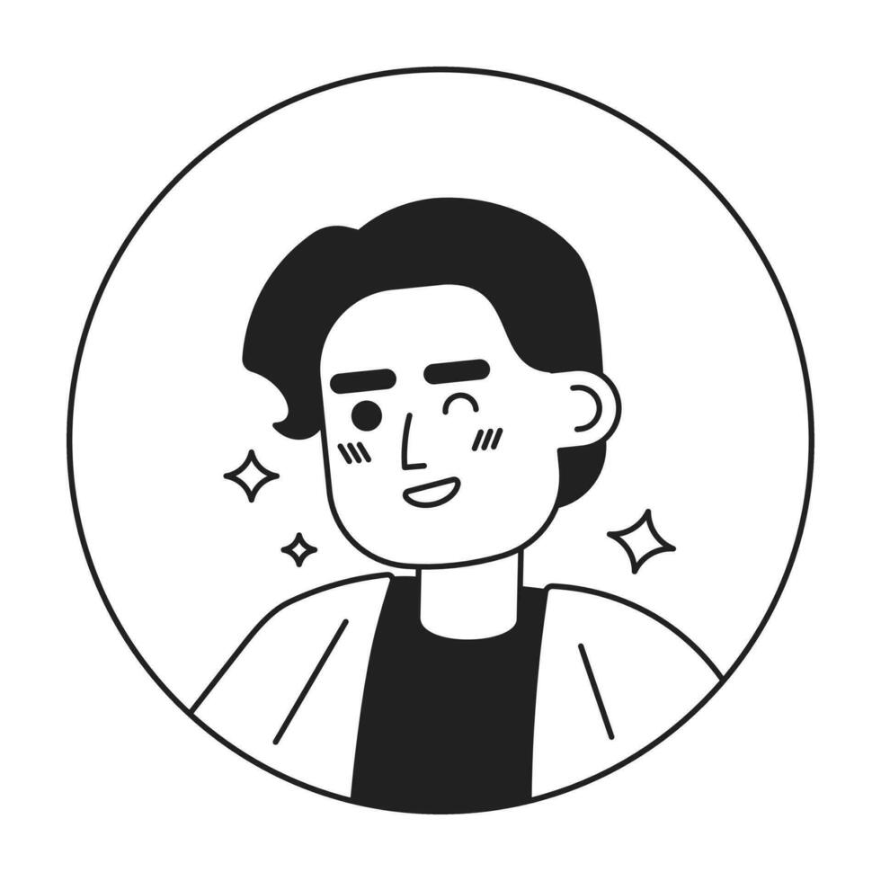Confident arabic adult man winking smiling black and white 2D vector avatar illustration. Middle eastern guy sparkling outline cartoon character face isolated. Friendly flirty flat user profile image