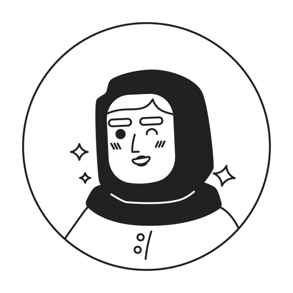 Muslim old lady winking expression black and white 2D vector avatar illustration. Sparkle smiling arabic senior outline cartoon character face isolated. Confident friendly flat user profile image