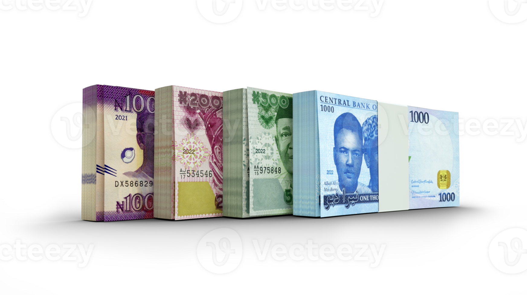 3d rendering of Stacks of Nigerian Naira notes in various denominations. bundles of currency