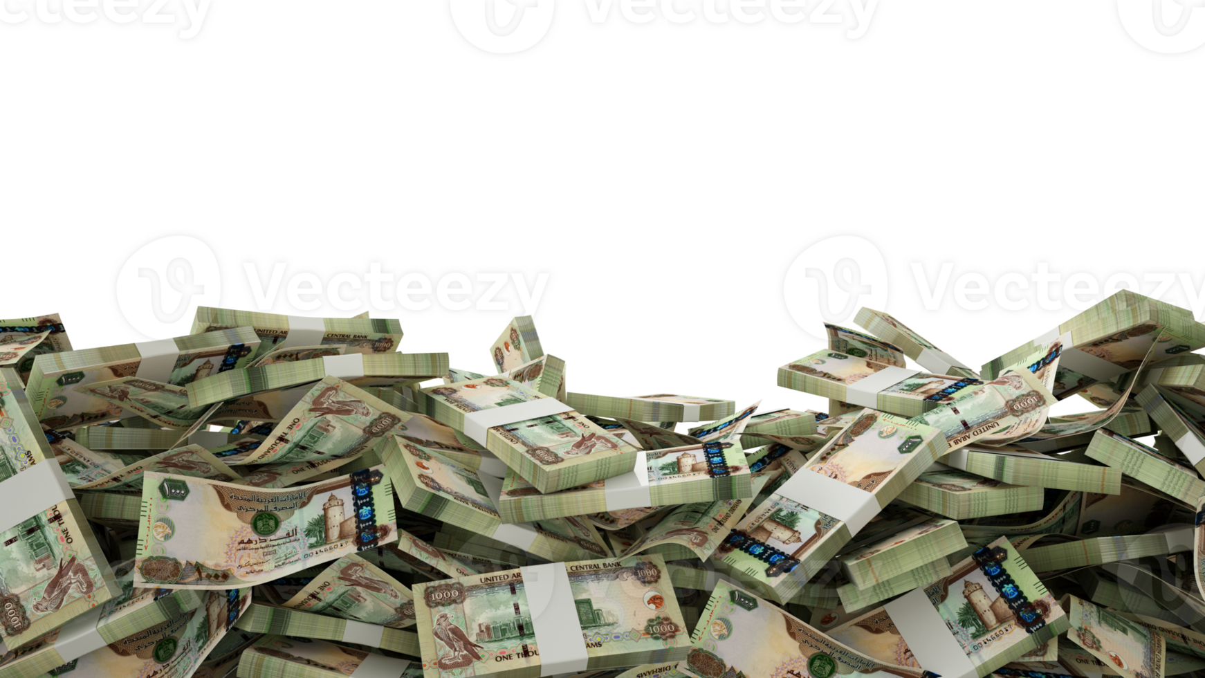 3D rendering of A lot of stacks of United Emirates dirham notes spread at the on bottom of screen. 3d rendering png