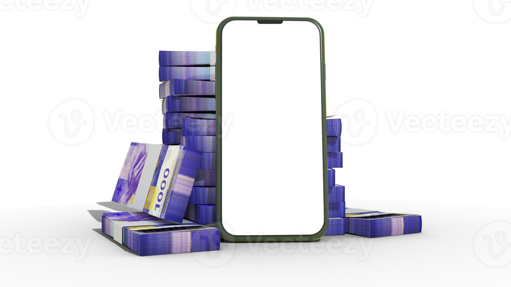 3D rendering of a mobile phone with  blank screen and stacks of Swiss Franc notes behind isolated on transparent background. png